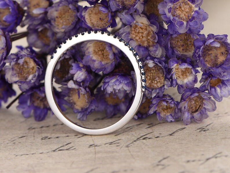 14K White Gold Blue Sapphire Wedding Bands women,Half Eternity Engagement Ring,MIcro Pave set,promise Band Thin Wedding Band,Stackable Ring