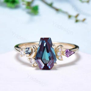 Unique coffin cut alexandrite engagement ring cluster opal amethyst moon wedding ring June birthstone gothic promise ring anniversary gift