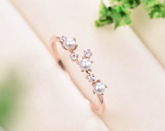 Curved Pearl Ring Unique Anniversary Ring 14k Rose Gold Bridal Ring Personalized Diamond Simula Fresh Water Pearl Wedding Ring For Her Gift