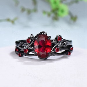 Nature Inspired Leaf ruby ring set black gold branch twig lab ruby engagement ring women unique July birthstone wedding ring set for women