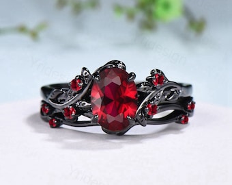 Nature Inspired Leaf ruby ring set black gold branch twig lab ruby engagement ring women unique July birthstone wedding ring set for women