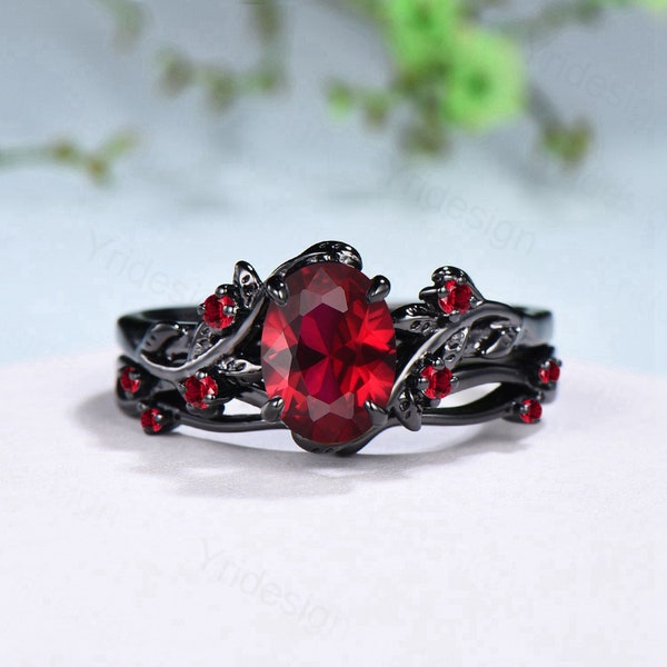 Nature Inspired Leaf ruby ring set black gold branch twig lab ruby engagement ring women unique July birthstone wedding ring set for women