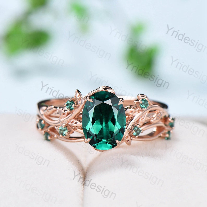 Nature Inspired Leaf emerald wedding ring set unique twig oval cut emerald engagement ring Art deco rose gold Branch anniversary ring gift image 2
