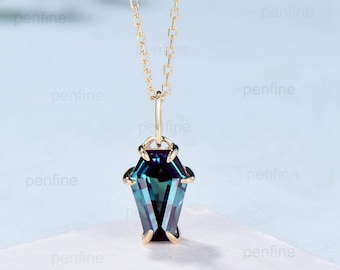 Coffin alexandrite necklace solid 14k 18k rose gold vintage unique Personalized minimalist color change pendant anniversary gift for women
