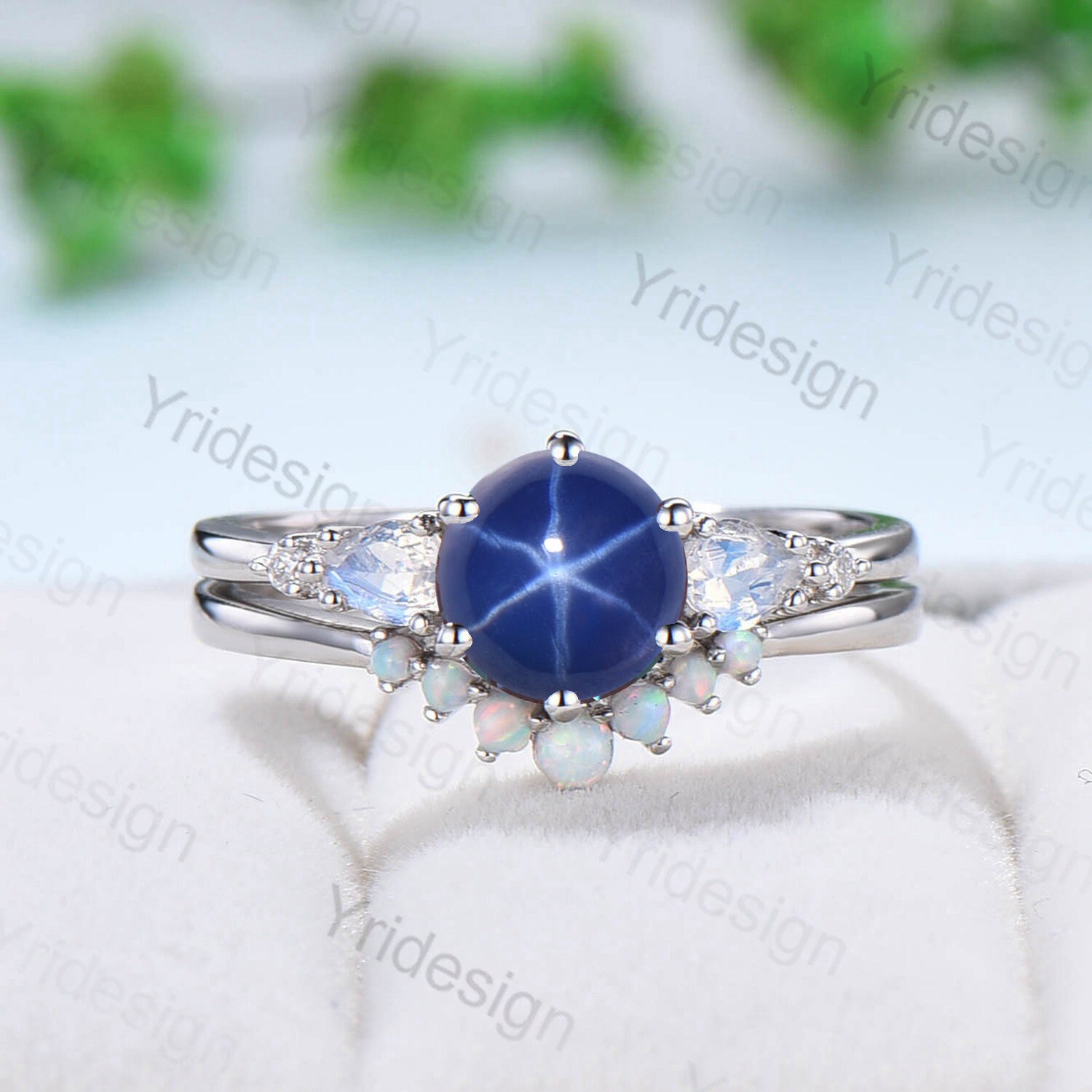 Vintage Star Sapphire Engagement Ring Set White Gold 5 Stone Pear Moonstone Wedding Ring Set Women Crown Opal Stacking Band Anniversary Gift