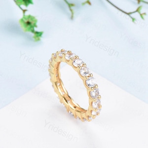 Round Moissanite Band Full Eternity Band Wedding Band 3mm Round Cut Moissanite Wedding Ring 14K Yellow Gold Anniversary Promise Women&#39;s Band