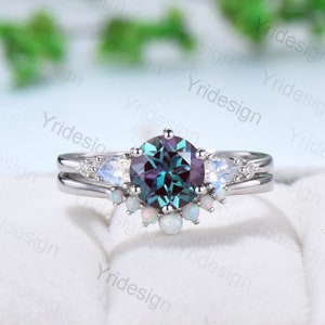 Vintage Alexandrite Engagement Ring Set Rose Gold Five Stone Pear Moonstone Wedding Ring Set Women Crown Opal Stacking Band Anniversary Gift