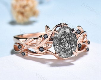 Natural Inspired Leaf Black Rutilated Quartz Ring Set Cluster Spinel Rutile Engagement Ring Women Unique Black Gemstone Leaves Branch Ring