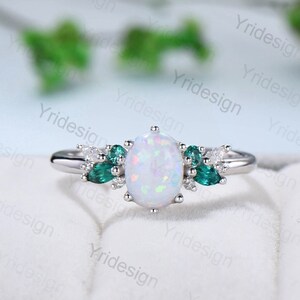 Unique Fire Opal Engagement Ring Women Alternative Cluster Opal Emerald Wedding Ring Vintage Nature Inspired Art Deco Moissanite Bridal Ring