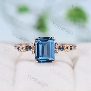 Retro Emerald Cut London Blue Topaz Ring Vintage Topaz Celtic Engagement Ring unique 8 prongs wedding Band Ring For Women Anniversary Gift