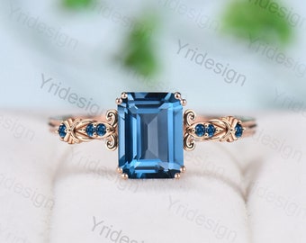 Retro Emerald Cut London Blue Topaz Ring Vintage Topaz Celtic Engagement Ring unique 8 prongs wedding Band Ring For Women Anniversary Gift