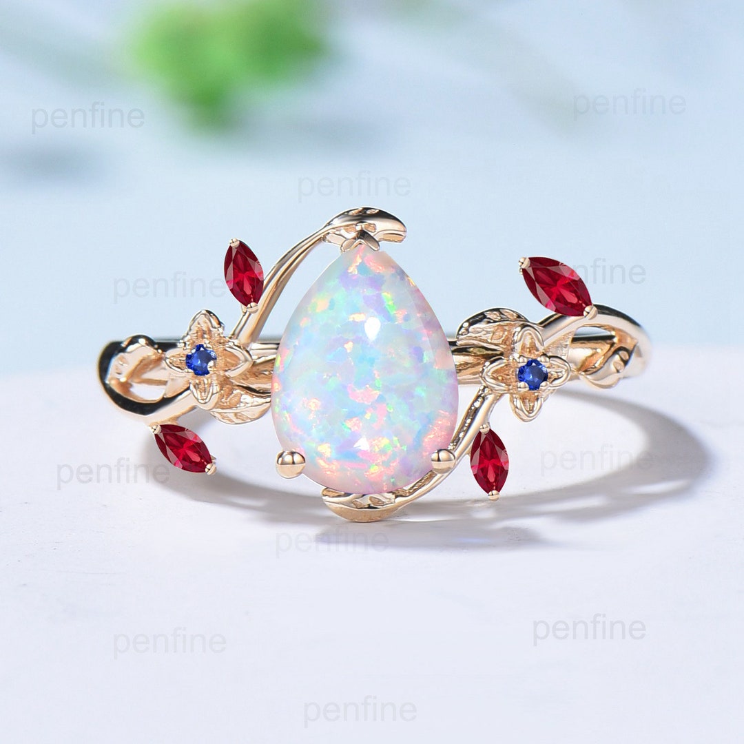 Handmade Fire Opal Ring: Ruby & Sapphire Leaves, 14K Gold - Etsy