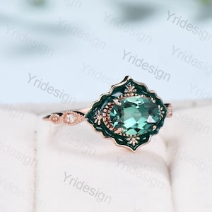 Vintage Green Sapphire Engagement Ring Unique Enamel Green Stone Wedding Ring Women Teal Sapphire Art Deco Antique Anniversary Gift For Her