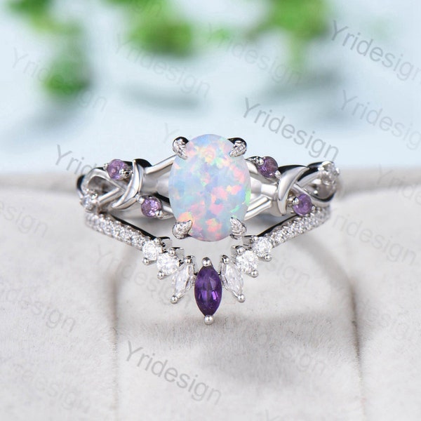 Unique fire opal engagement ring set Vintage Moon white opal wedding ring set cluster amethyst branch stacking band leaves prong bridal set