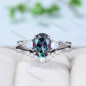 1.5CT Oval Alexandrite Engagement Ring Set Rose Gold 3 Stone Moonstone Wedding Set Women June Birthstone Opal Stacking Band Anniversary Gift