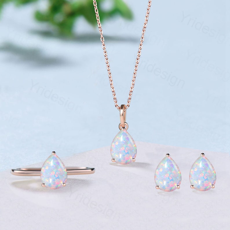 Dainty fire opal wedding set solitaire white opal engagement 3pcs weddding set