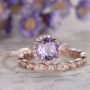2pcs Halo Diamonds amethyst engagement ring set February birthstone promise ring for women Art Deco marquise moissanites full eternity band