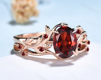 Nature Inspired Leaf garnet ring set cluster branch twig garnet engagement ring women unique January birthstone wedding ring set for her