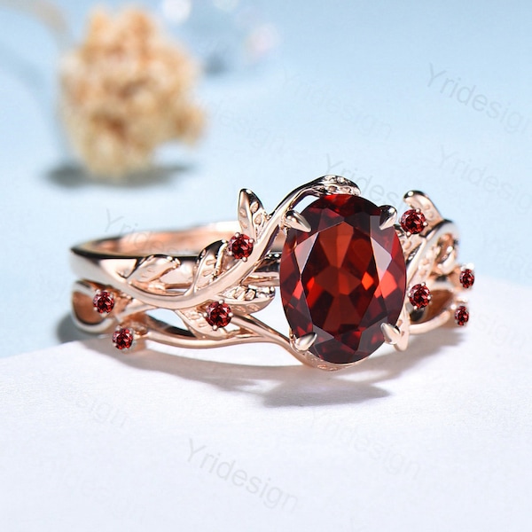 Nature Inspired Leaf garnet ring set cluster branch twig garnet engagement ring women unique January birthstone wedding ring set for her