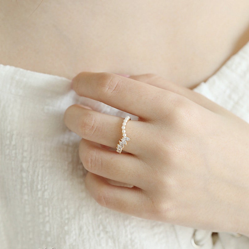 Pearl and Moissanite Ring Unique Anniversary Ring 14k 18k gold bridal ring Curved matching band Fresh water Pearl Wedding Ring For Women