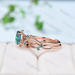 Nature Inspired Leaf emerald wedding ring set unique twig oval cut emerald engagement ring Art deco rose gold Branch anniversary ring gift image 5