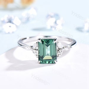 Green Sapphire Engagement Ring Emerald Cut White Gold-14K/18K Vintage Moissanite Wedding Ring For Women Teal Sapphire Anniversary Ring