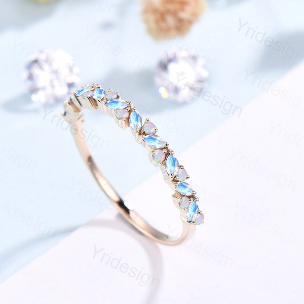 Vintage Moonstone Opal Wedding Band Marquise cut yellow gold wedding ring Unique Stacking matching ring Bridal ring Anniversary band ring