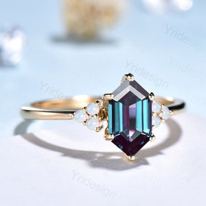 Vintage Alexandrite ring Unique Elongated hexagon cut alexandrite engagement ring seven stone art deco cluster opal wedding ring for women
