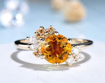 Unique Citrine Engagement Ring Gold Cluster Natural Alternative Citrine Wedding Ring For Women Vintage art deco  Anniversary Promise Ring