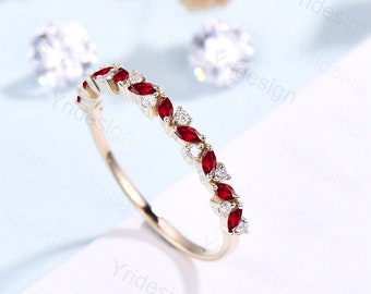 Vintage Ruby Wedding Band Marquise cut yellow gold retro wedding ring Unique Stacking ring matching band Art Deco Anniversary band gift