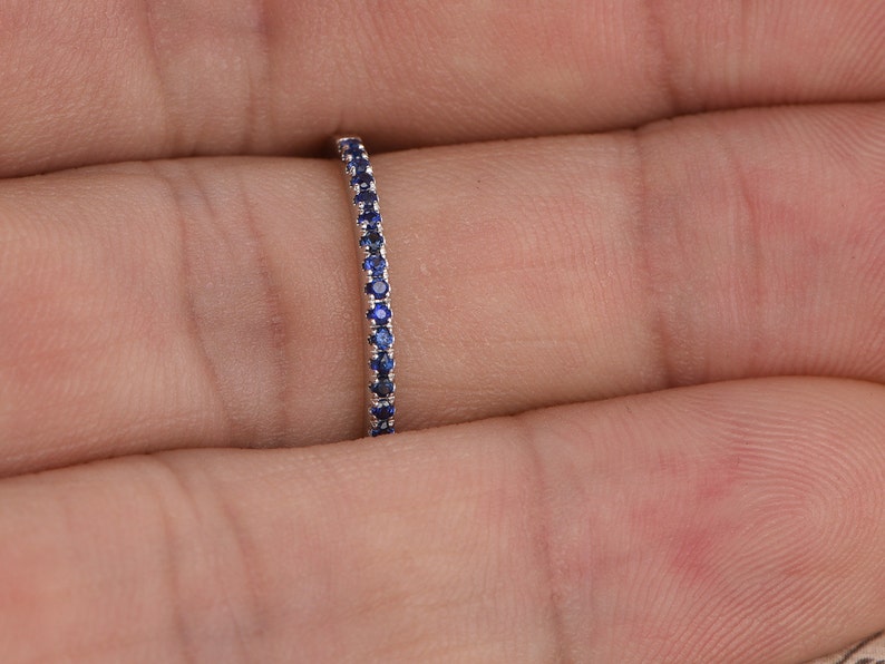 14K White Gold Blue Sapphire Wedding Bands women,Half Eternity Engagement Ring,MIcro Pave set,promise Band Thin Wedding Band,Stackable Ring