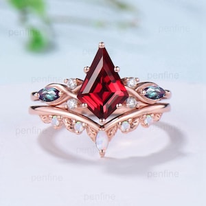 1.5CT Kite Cut Ruby Ring Set/Ruby Engagement Ring Set Women/Marquise Alexandrite Wedding Set/ Opal Leaf Stacking Band/ July Birthstone Ring