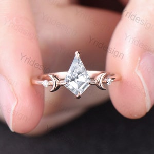 Vintage kite shaped moissanite engagement ring silver rose gold Unique celestial moon wedding ring for women band minimalist promise ring