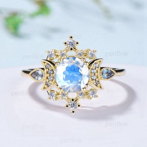 Unique Moonstone Engagement Ring Fancy Crescent Moon Alexandrite Wedding Ring Women Galaxy Star Rainbow Blue Anniversary Ring Gift for Women