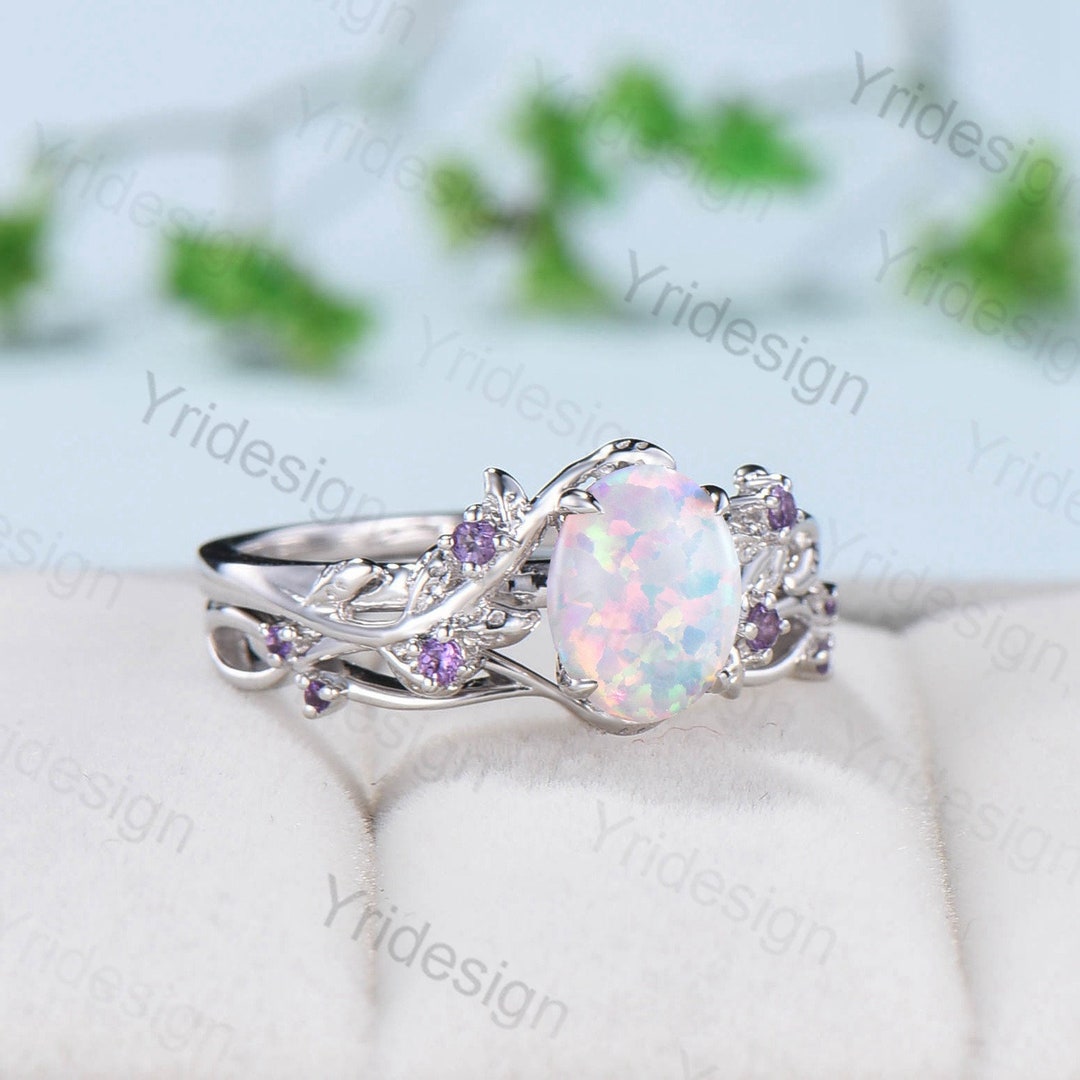 2pcs Fire Opal Engagement Ring Set Natural Inspired Leaf 14k White Gold ...