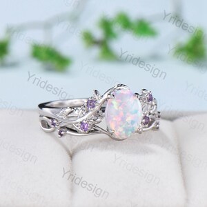 2pcs Fire opal engagement ring Set Natural Inspired Leaf 14k white gold opal ring cluster amethyst unique branch wedding ring set for women