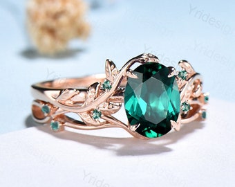 Nature Inspired Leaf emerald wedding ring set unique twig oval cut emerald engagement ring Art deco rose gold Branch anniversary ring gift