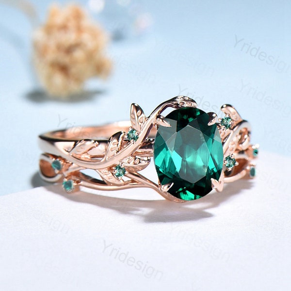 Nature Inspired Leaf emerald wedding ring set unique twig oval cut emerald engagement ring Art deco rose gold Branch anniversary ring gift