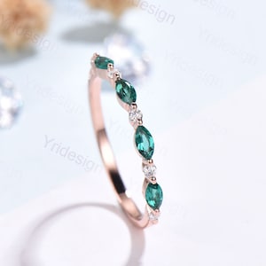 Emerald Wedding Band For Women Rose Gold-Unique Moissanite And Emerald Wedding Ring Art Deco Matching Band Stacking Band, Anniversary Band