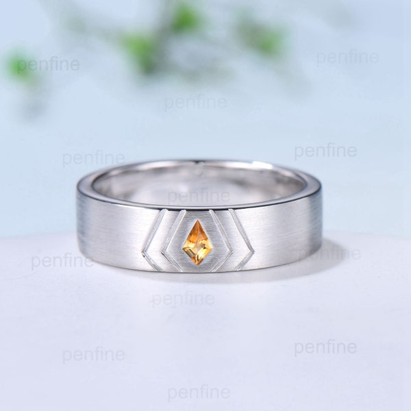 6mm Brushed Finished Men's Wedding Ring Kite Cut Citrine Wedding Band Silver White Gold Howl's Ring Sophie's Ring Matching Band Gift For Men