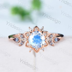 Floral Round Moonstone Engagement Ring Crescent Moon Alexandrite Cluster Diamond lotus Wedding Ring Unique June Birthstone Promise  Gift
