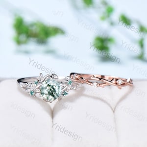 Natural Inspired Leaf Moss Agate Ring Set Vintage Unique Hexagon Aquatic Agate Engagement Ring Rose Gold Elegant Cluster Emerald Bridal Set