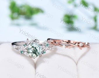 Natürliche inspirierte Blatt Moos Achat Ring Set Vintage Einzigartige Hexagon Aquatic Achat Verlobungsring Rose Gold Elegant Cluster Smaragd Braut Set