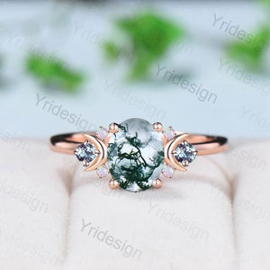 Vintage Moon Green Agate Ring Unique Nature Inspired Moss Agate Engagement Ring Alternative Cute Alexandrite Opal Wedding Ring For Women