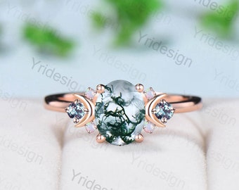 Anel de ágata verde lua vintage, anel de noivado exclusivo inspirado na natureza, anel de noivado de ágata musgo, anel de casamento de opala alexandrita fofo alternativo para mulheres