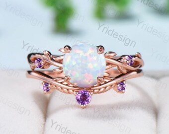 Twig Opal Engagement Ring Set Rose Gold Natural Inspired Branch Opal Amethyst Wedding Ring Set Women Unique Leaf anniversary promise ring