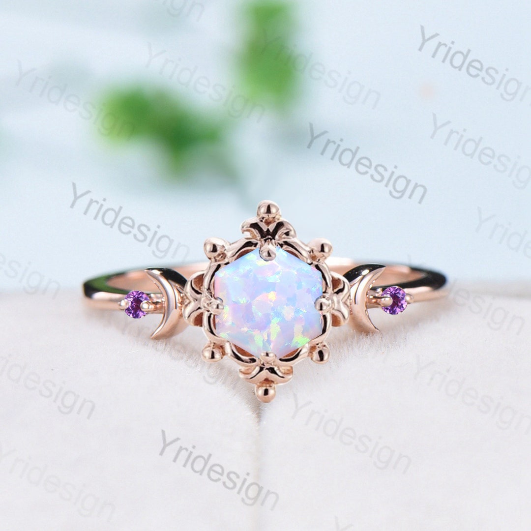 Magic Crescent Moon Opal Engagement Ring Nature Inspired Vintage Fire ...
