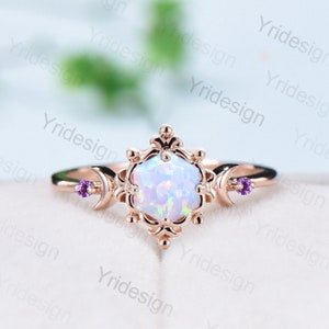 Magischer Halbmond Opal Verlobungsring Natur inspiriert Vintage Feueropal Amethyst Ehering Einzigartige personalisierte Blumen Versprechen Ring