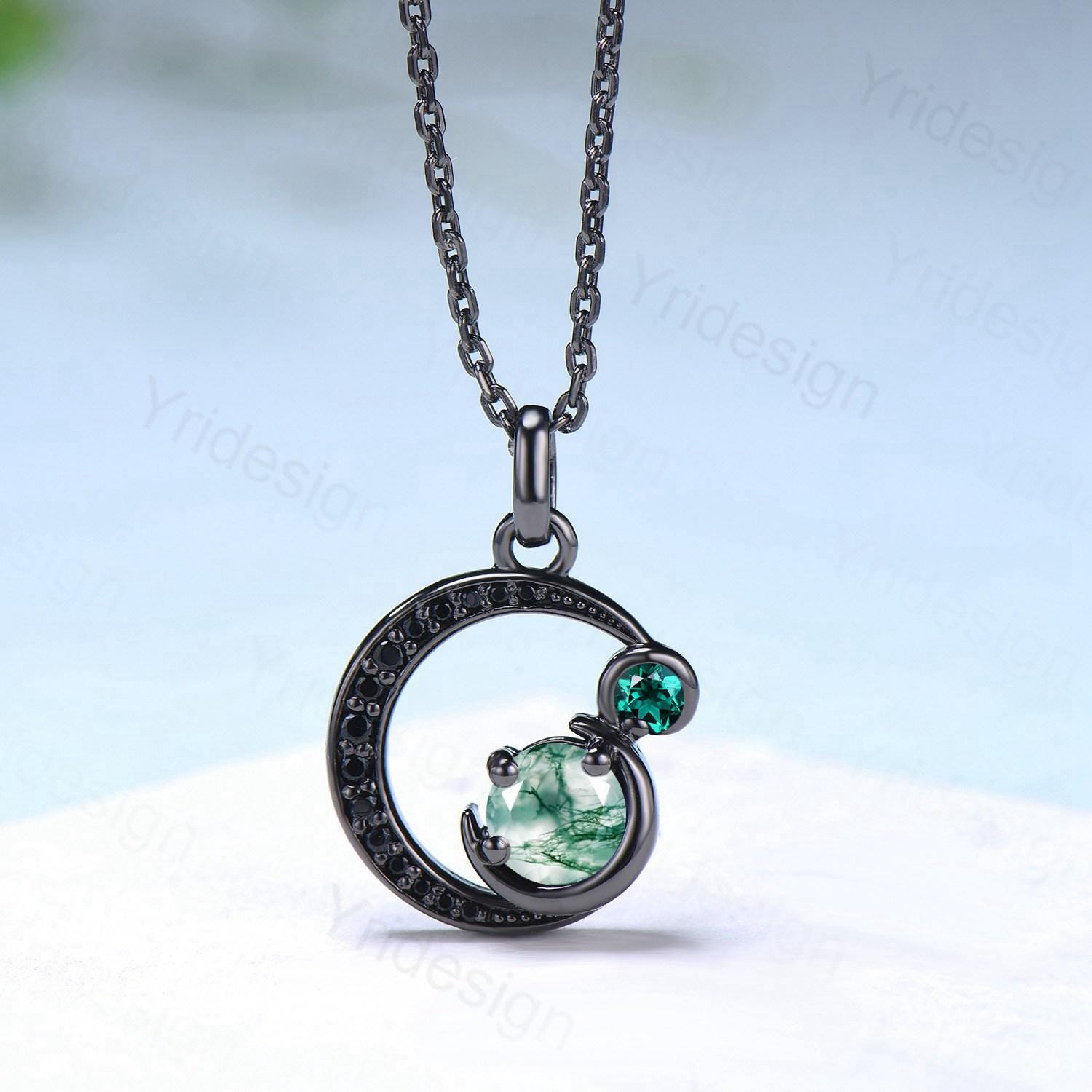 Einzigartige Schwarz Gold Grün Moos Achat Halskette Magie Halbmond Mond Zierliche Achat Anhänger Halskette Halloween Gothic Jahrestag Geschenk für Tochter