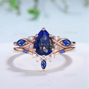 Vintage Lapis Lazuli Wedding Ring Set 14k Rose Gold Pear Shaped Lapis Lazuli Engagement Ring Set Unique Floral Blue Sapphire Bridal Ring Set